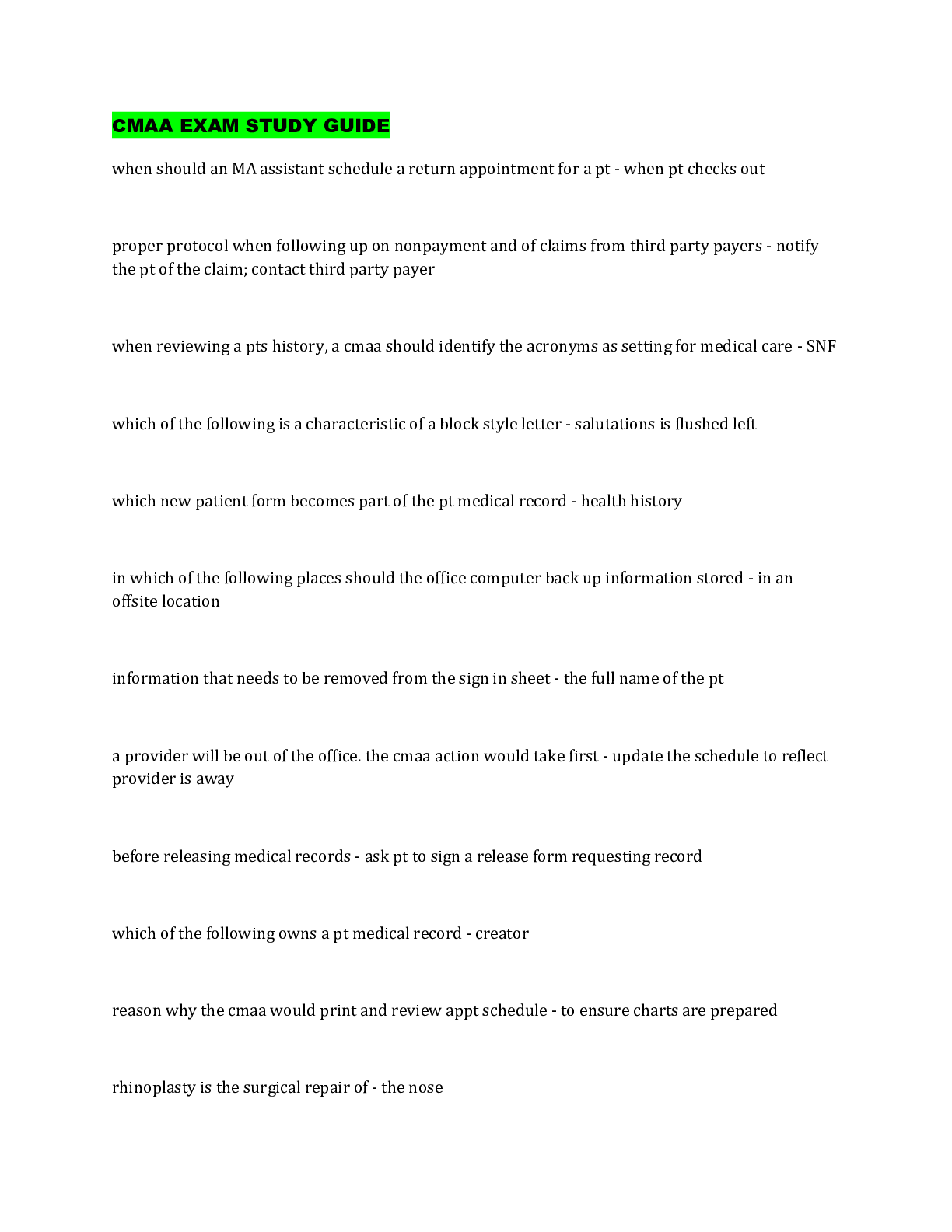 Preview image for 2022 CMAA EXAM Study Guide (With complete Solution)